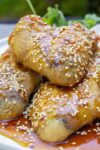 close up of baked chicken wings with honey garlic sauce garnished with sesame seeds on plate p3