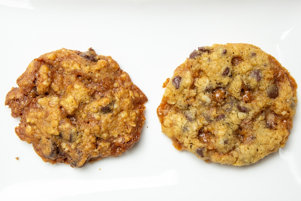 two cookies - one is crispier and darker, the other lighter and softer