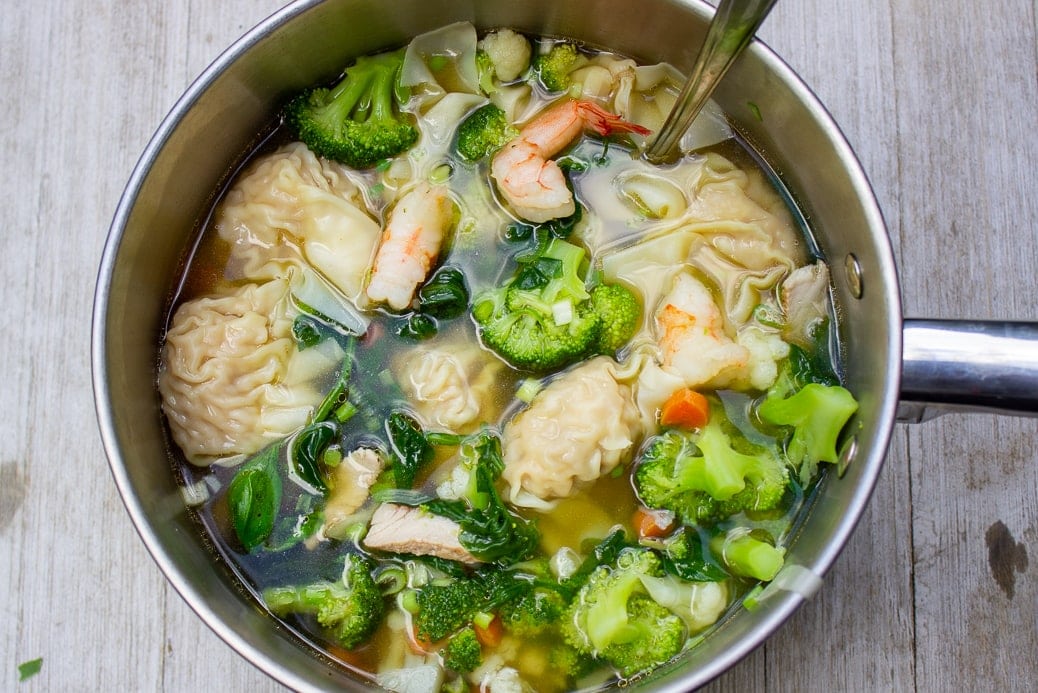 Wonton Soup with vegetables in pot
