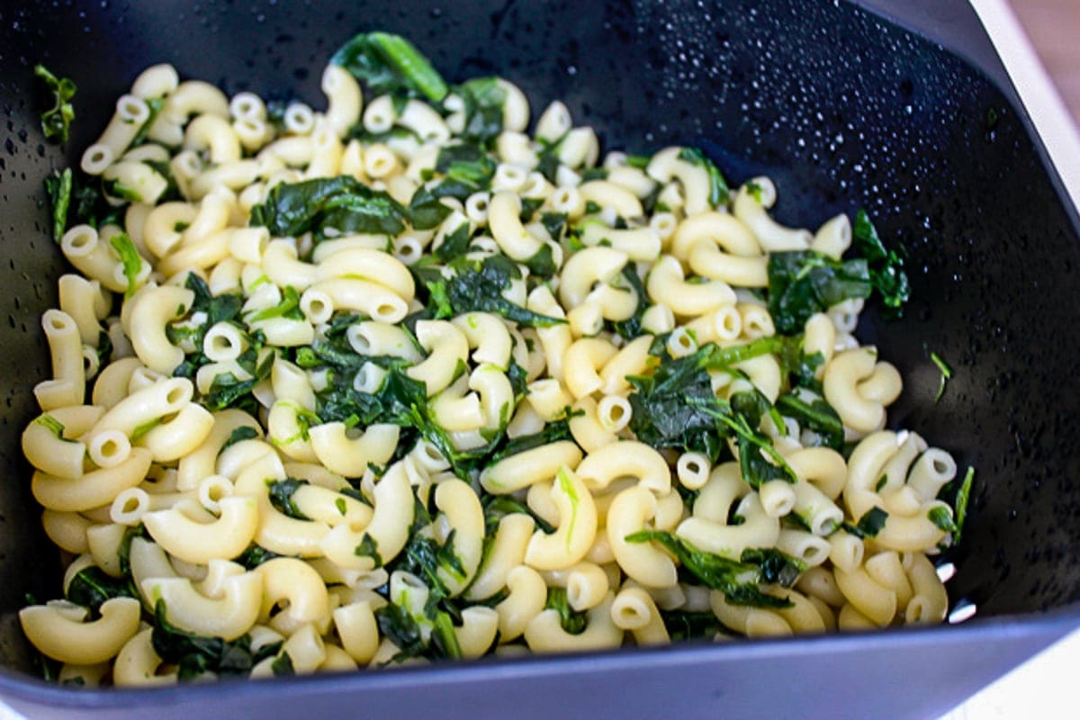 macaroni and spinach draining in colander