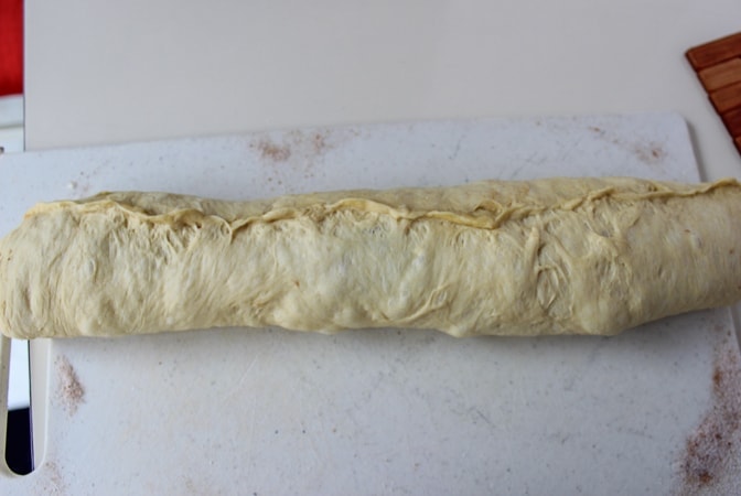 dough with filling rolled into log on cutting board