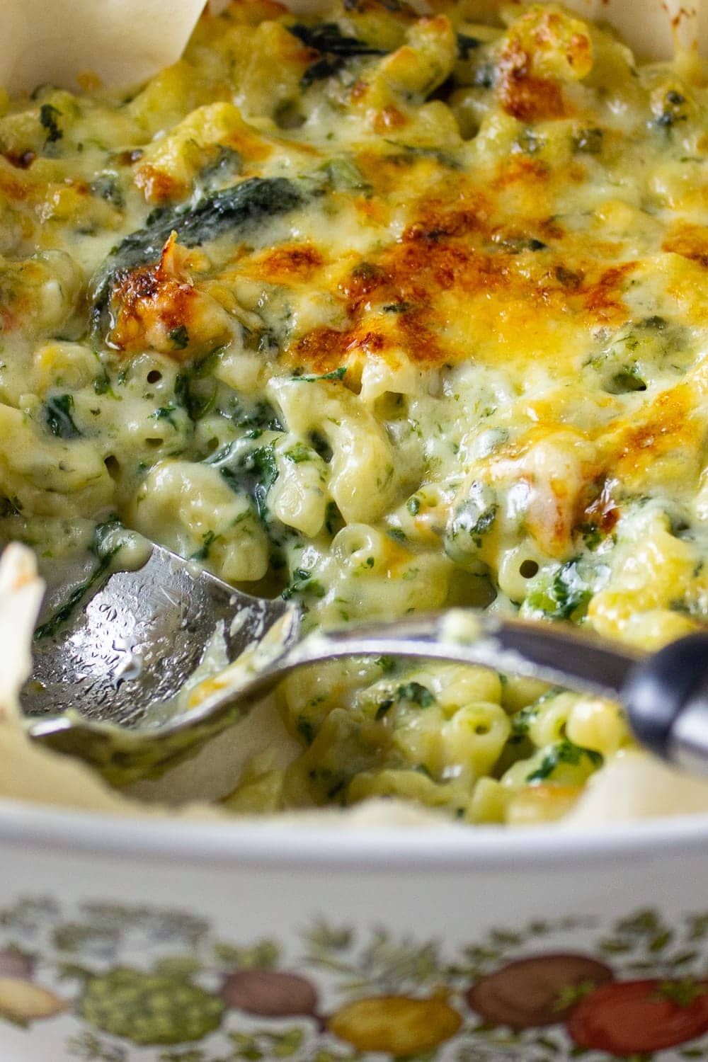 baked spinach mac and cheese in casserole dish p2