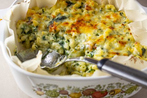 baked spinach mac and cheese in casserole dish 1