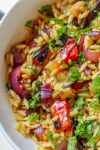 Grilled Vegetable Orzo salad in a serving bowl p