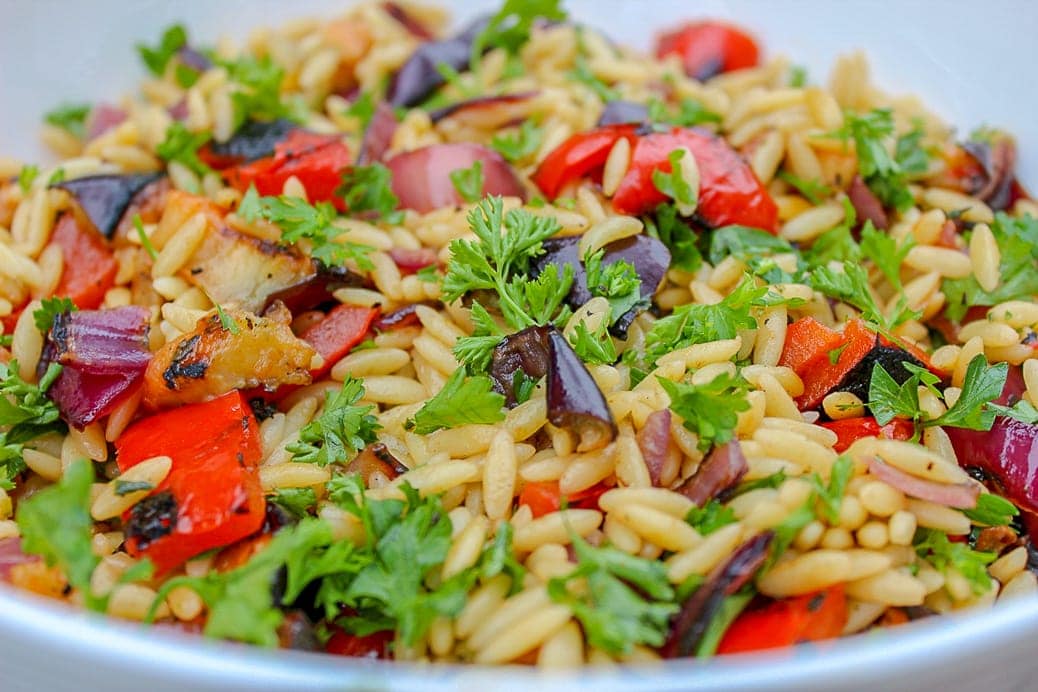 close up of Grilled Vegetable Orzo in bowl
