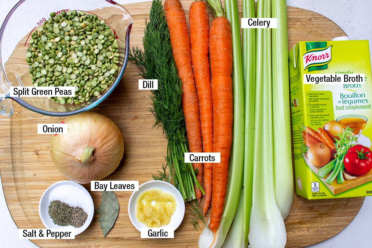 split green peas, onion, dill, carrots, celery, vegetable broth, salt, pepper, bay leaves, garlic.