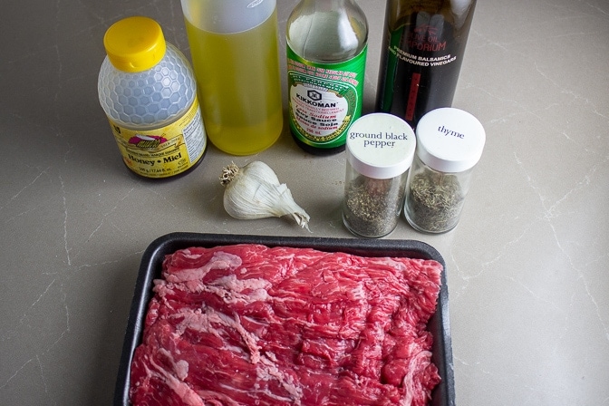flank steak, honey, soy, garlic, thyme, oil, balsamic vinegar