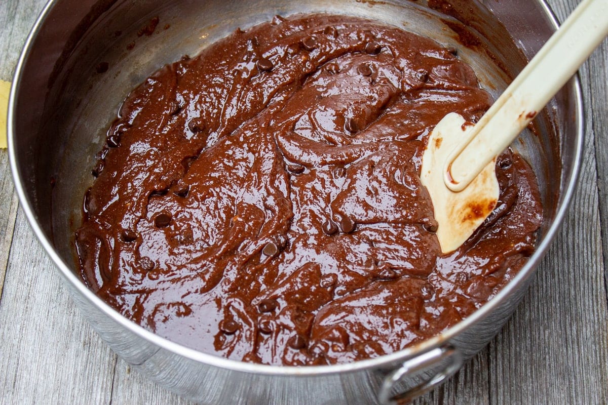 microwave brownie batter in mixing bowl