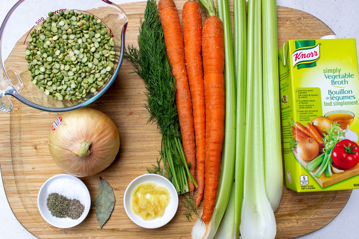 split peas, onion, carrots, celery, seasonings, dill, garlic
