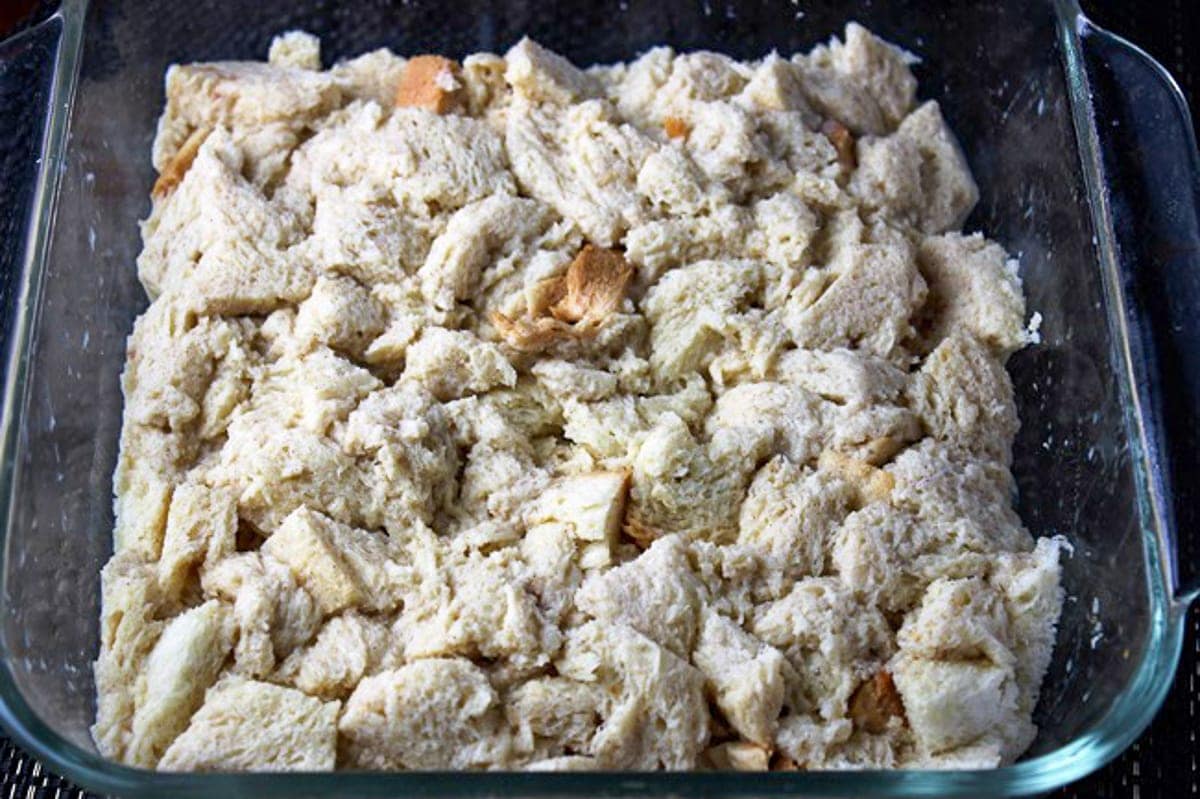 bread and egg mixture in casserole dish