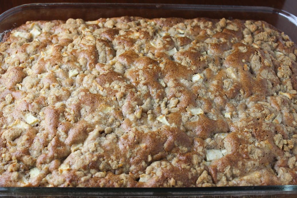 baked apple cake in glass pan