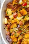 Homemade stuffing baked in casserole dish p1