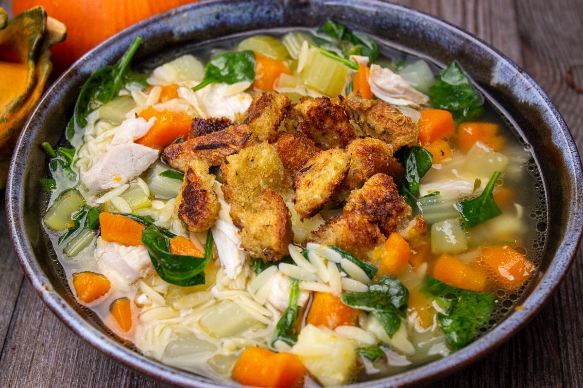 Leftover Turkey Soup With Stuffing Croutons