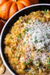 slow cooker pumpkin risotto in bowl garnished with parmesan cheese p