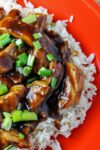 Bourbon Chicken Recipe over rice on a red plate p