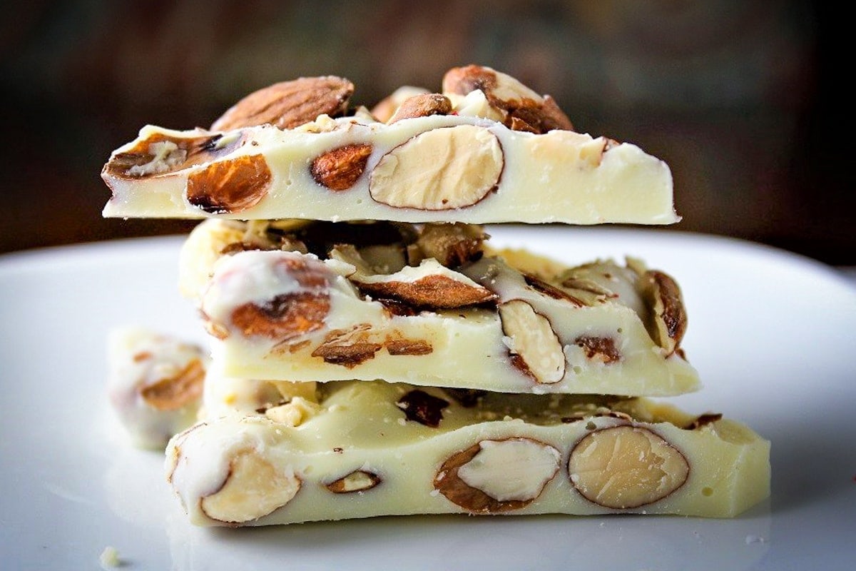 almond bark pieces stacked