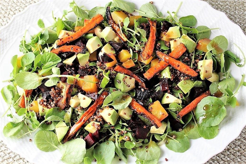 Red Quinoa with Roasted Carrots and Beets combined with watercress, avocado and a flavourful orange dressing. Healthy, pretty and delicious.