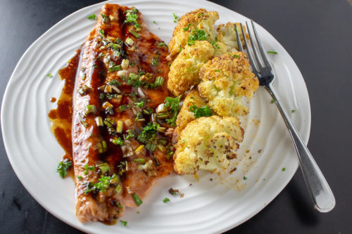 Maple Balsamic Rainbow Trout on plate with roasted cauliflower F