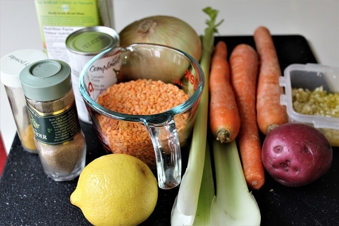 Red Lentils, lemon, carrots, celery, onions, broth, garlic, potato, seasonings, tomato paste