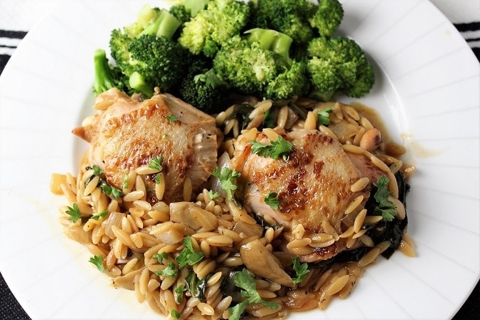 One Skillet Chicken and Spinach Mushroom Orzo