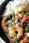 Thai Curried Shrimp and Vegetables on rice in a bowl p