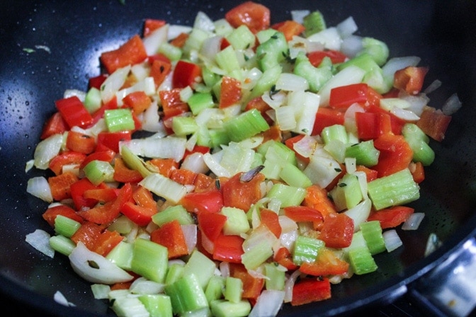 veggies sauteing in pan