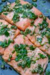 Sous vide salmon with caper sauce in pan