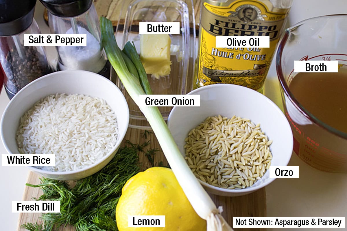 White rice, orzo, lemon, fresh dill, olive oil, salt, pepper, green onion, butter, broth, asparagus, parsley.