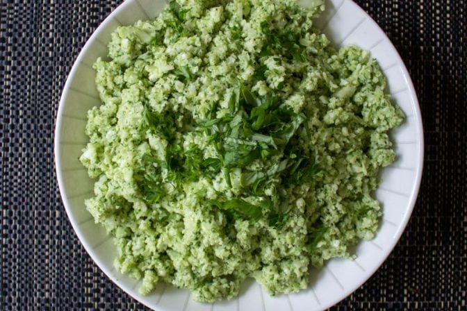 Cauliflower 'rice' with Pesto in bowl