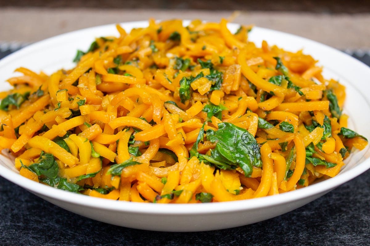 butternut squash noodles in balsamic butter sauce in bowl