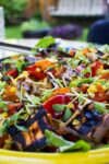 Party Salad with Grilled Vegetables and Quinoa in large serving bowl in backyard p1