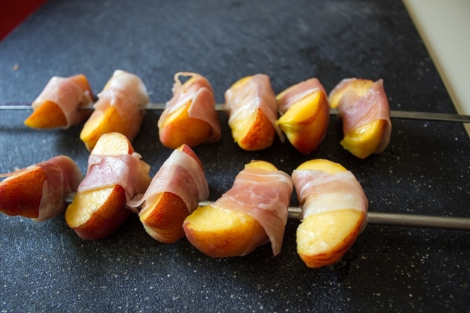 Peaches wrapped in Prosciutto threaded on skewers
