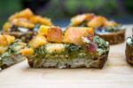 Peach, Pesto, Ricotta Appetizers. Just a few minutes to put together if you have pesto on hand. Flavour combination is amazing!