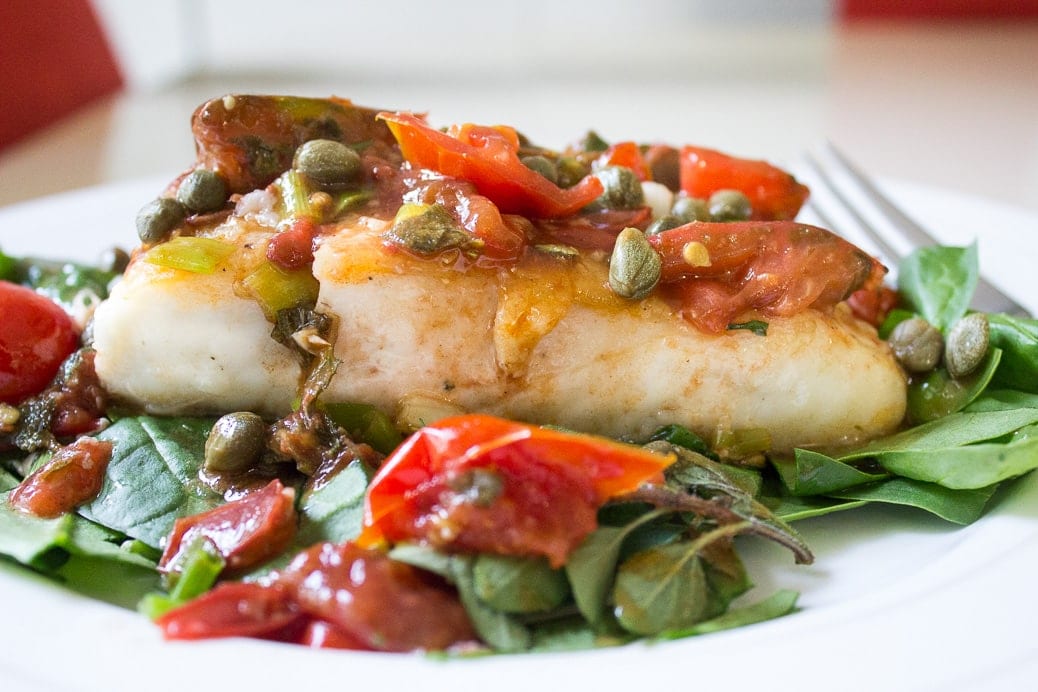 Roasted Halibut with Tomatoes and Capers