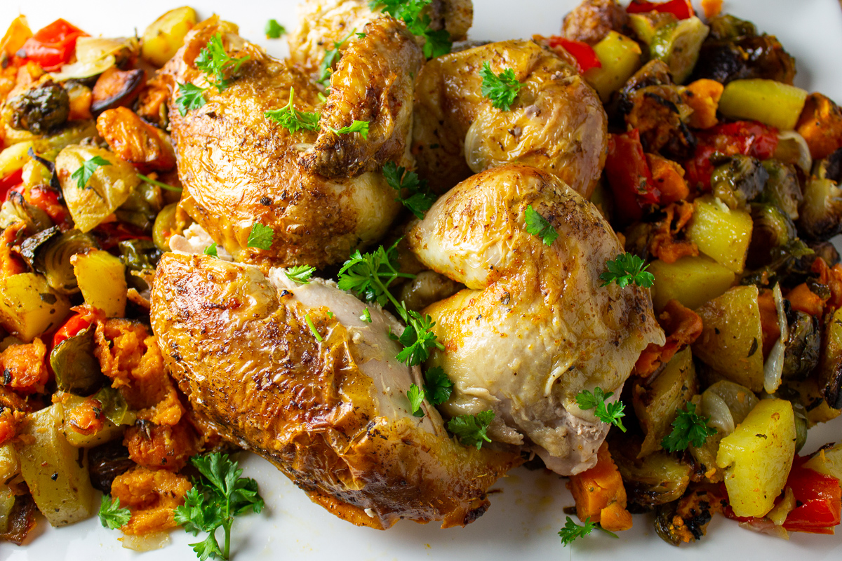 roasted chicken and veggies on plate
