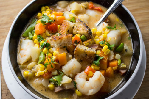 Corn Chowder and Shrimp. Add some sausage or make it vegetarian. Healthy meal in a bowl.