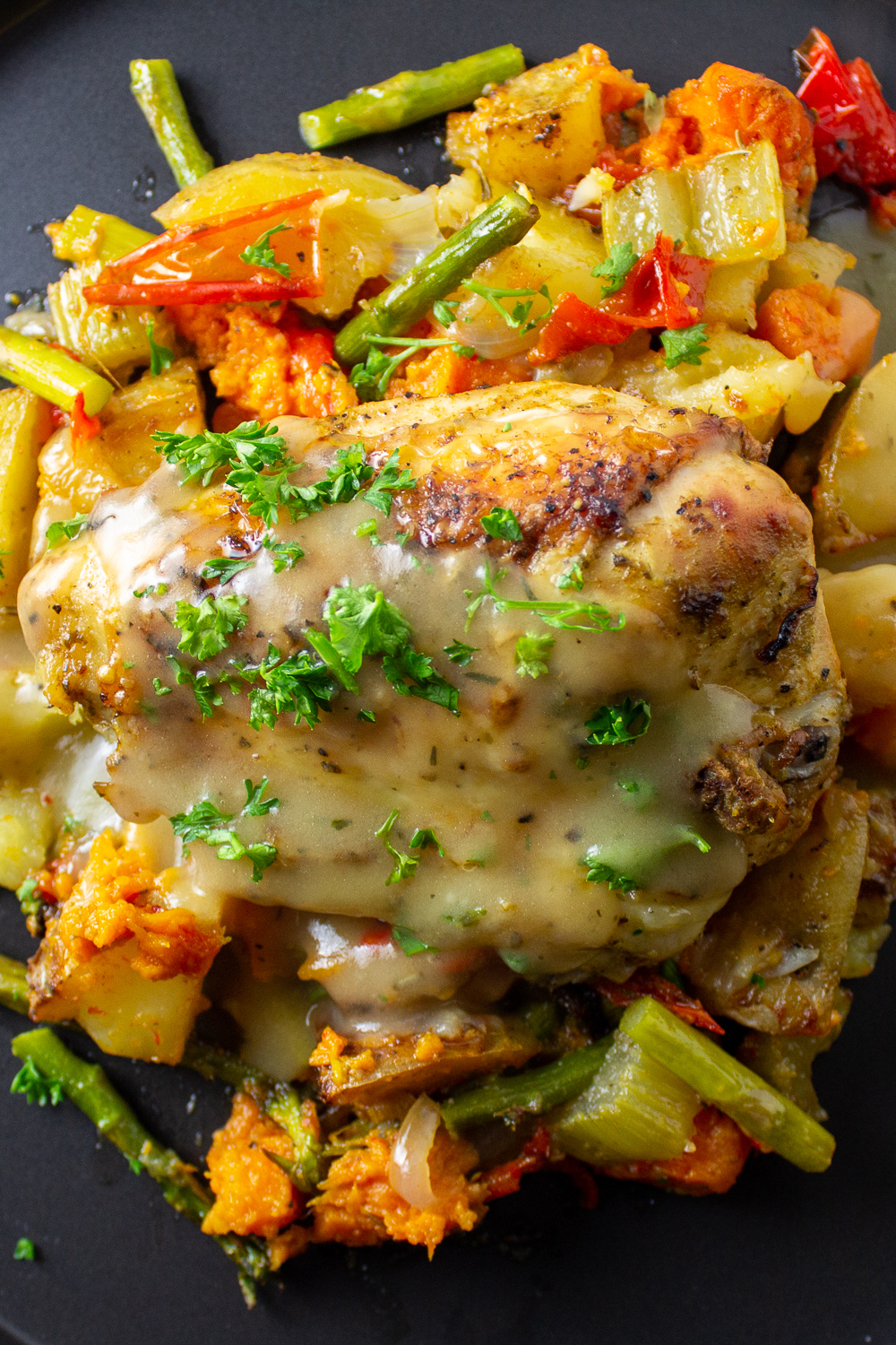 chicken and roasted veggies on plate with gravy p1