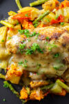 chicken and roasted veggies on plate with gravy p