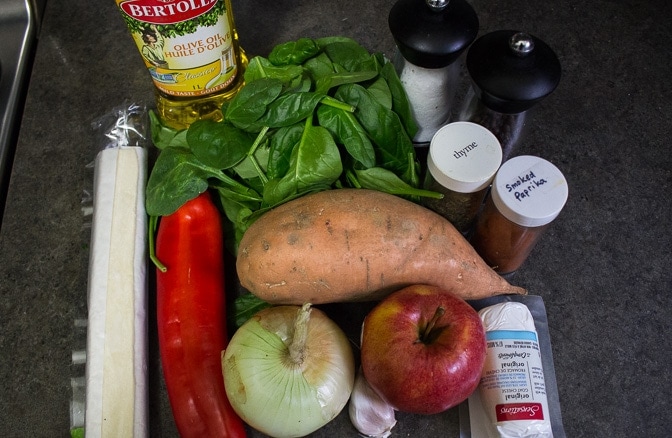 sweet potato, pepper, onion, apple, goat cheese, spinach, seasonings, oil, puff pastry sheet