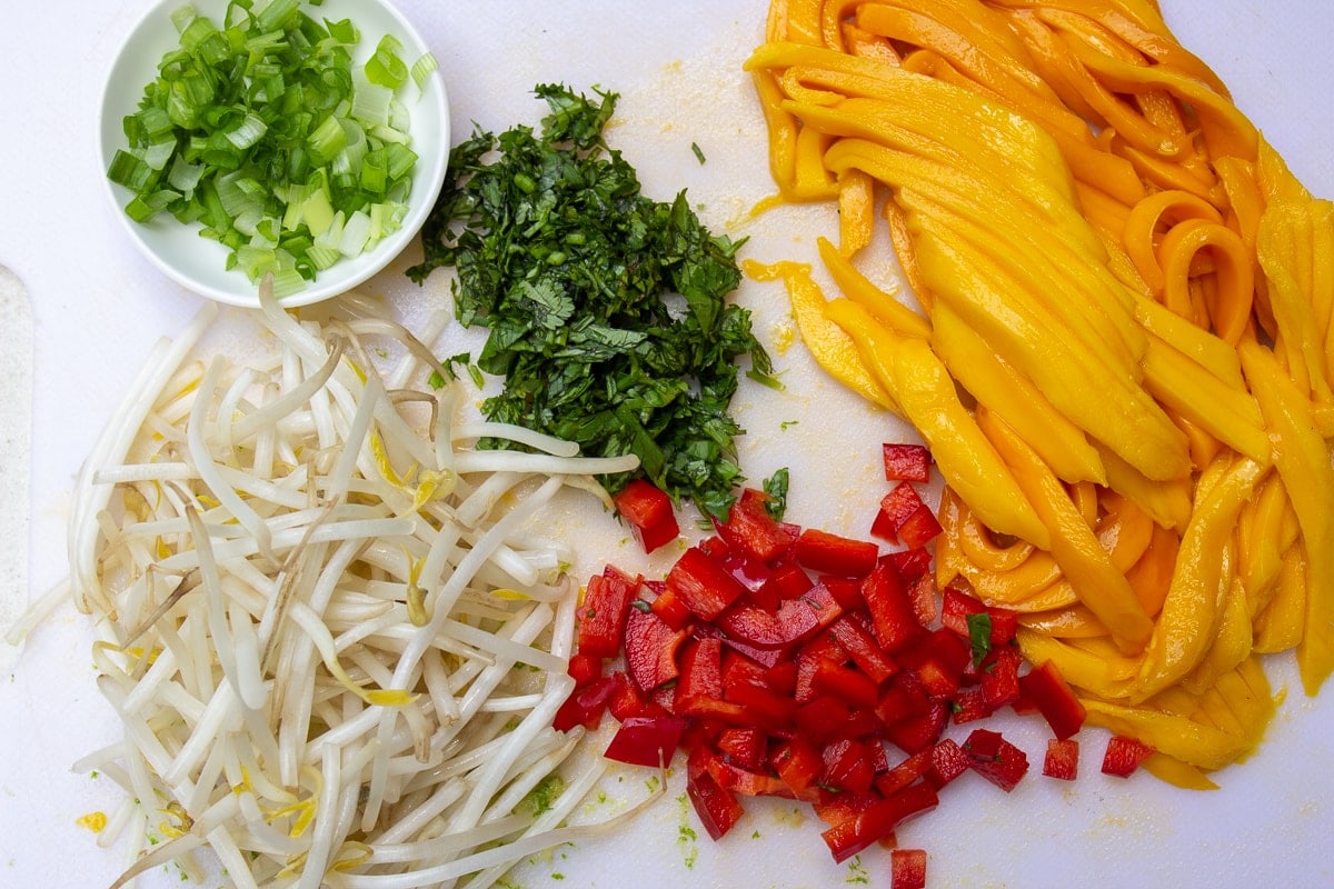 chopped peppers, green onions cilantro, sliced mango and bean sprouts
