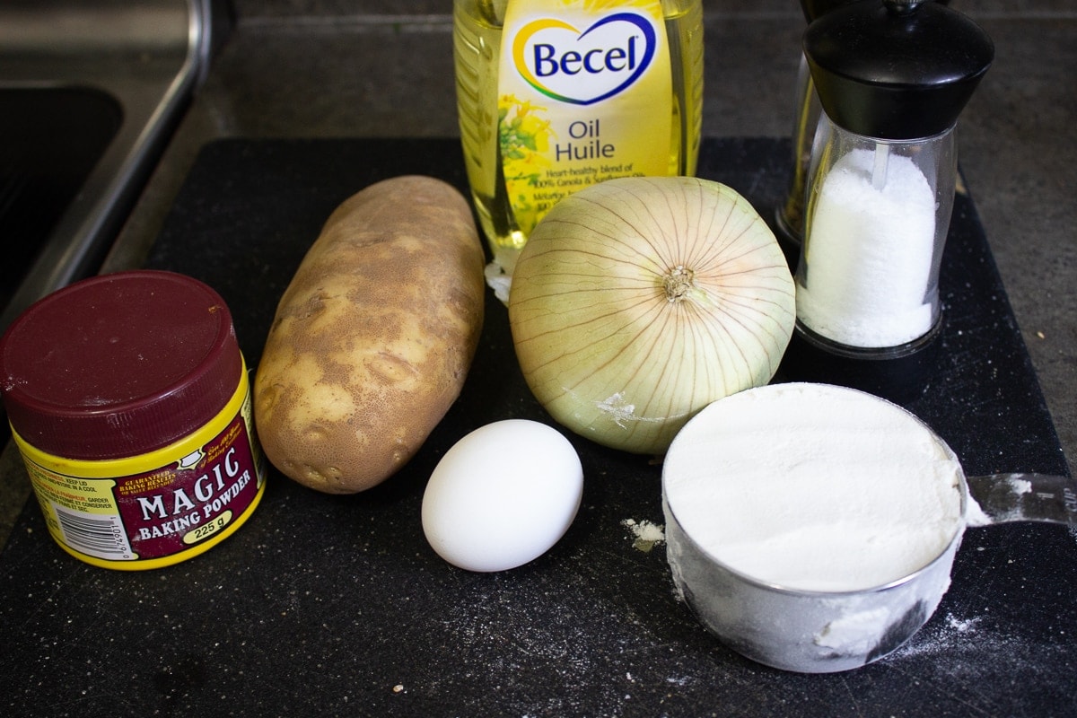 potato, oil, flour, baking powder, egg, onion, salt