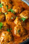 chicken meatballs in paprikash sauce in pan p