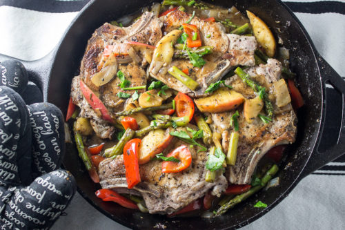 Skillet Pork Chop Dinner. Tender pork chops with apples, peppers, asparagus and thyme made in one skillet