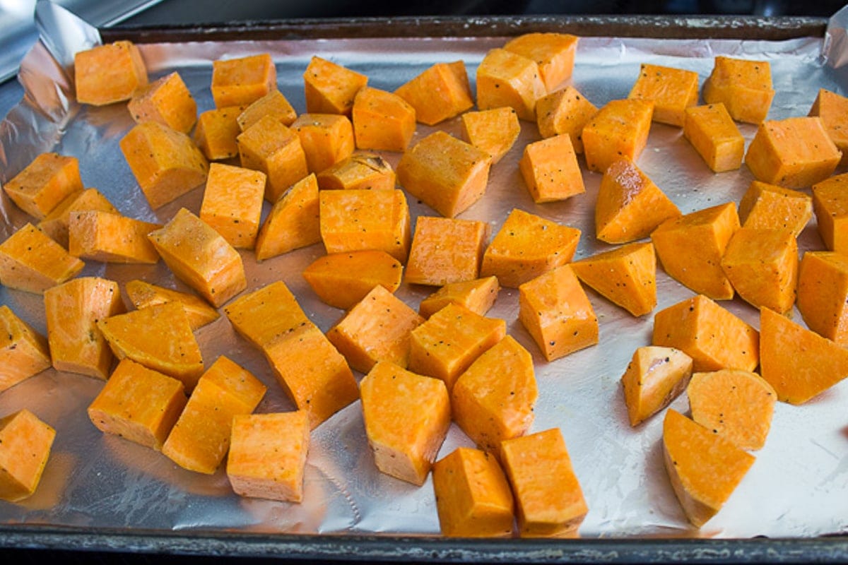 cubed seasoned sweet potatoes on plan