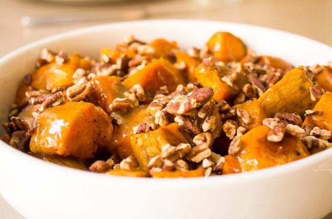 Maple-Lime Roasted Sweet Potatoes with Pecans in a bowl f