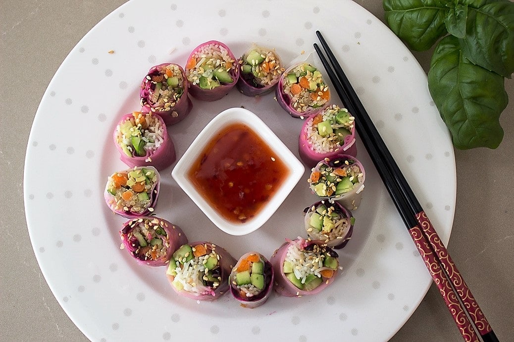 Summer Vegetable rice paper Rolls cut on plate