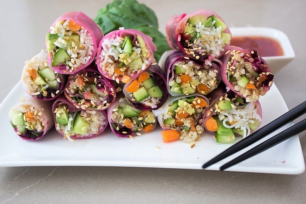 Summer Vegetable rice paper Rolls piled on plate