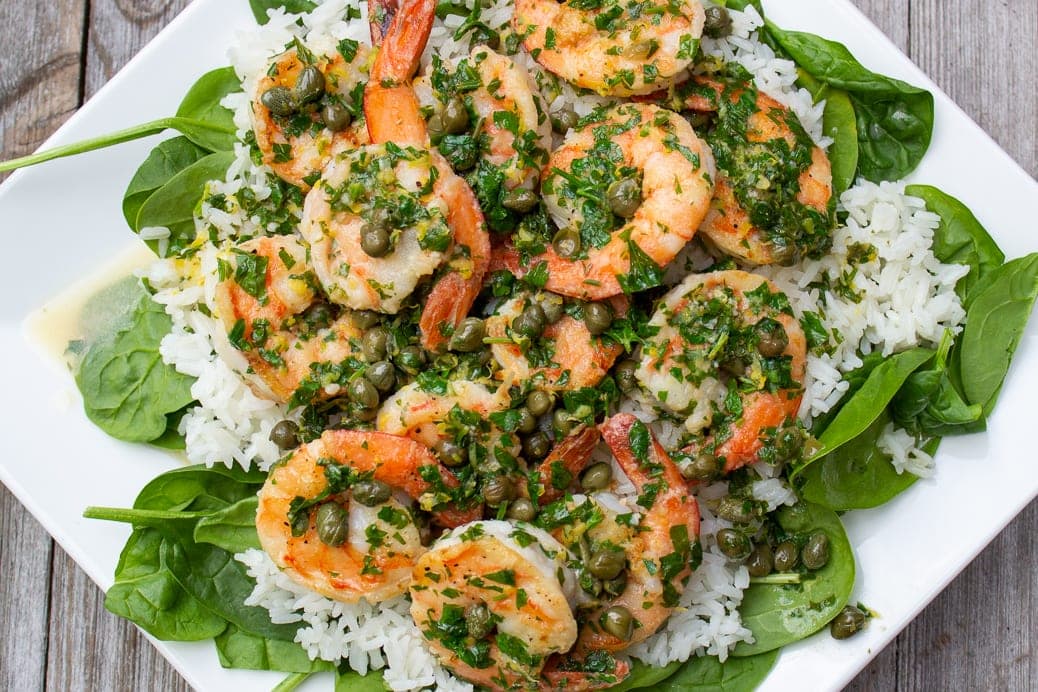 Shrimp Piccata over spinach and rice ff