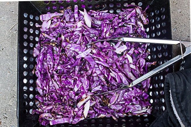 purple cabbage grilling in grill basket