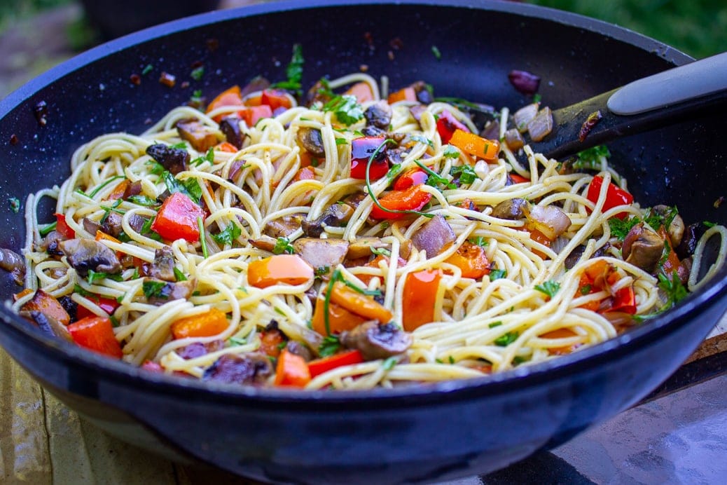 Vegetable Pasta with Wine Sauce in pan f